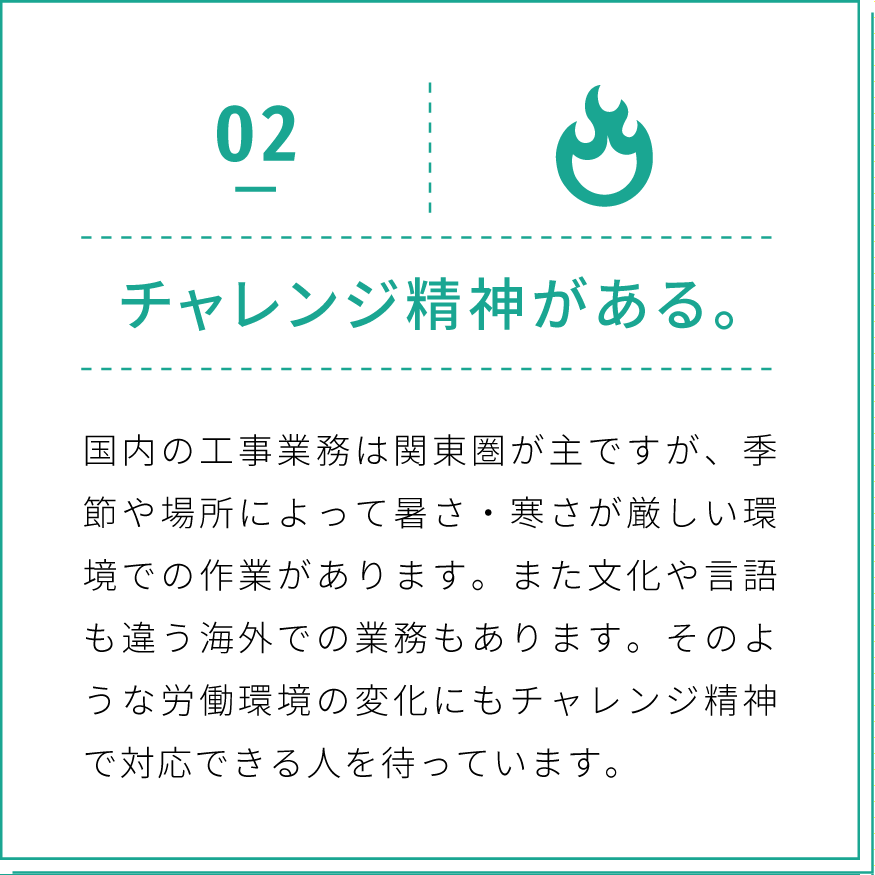 02 チャレンジ精神がある。国内の工事業務は関東圏が主ですが、季節や場所によって暑さ・寒さが厳しい環境での作業があります。また文化や言語も違う海外での業務もあります。そのような労働環境の変化にもチャレンジ精神で対応できる人を待っています。