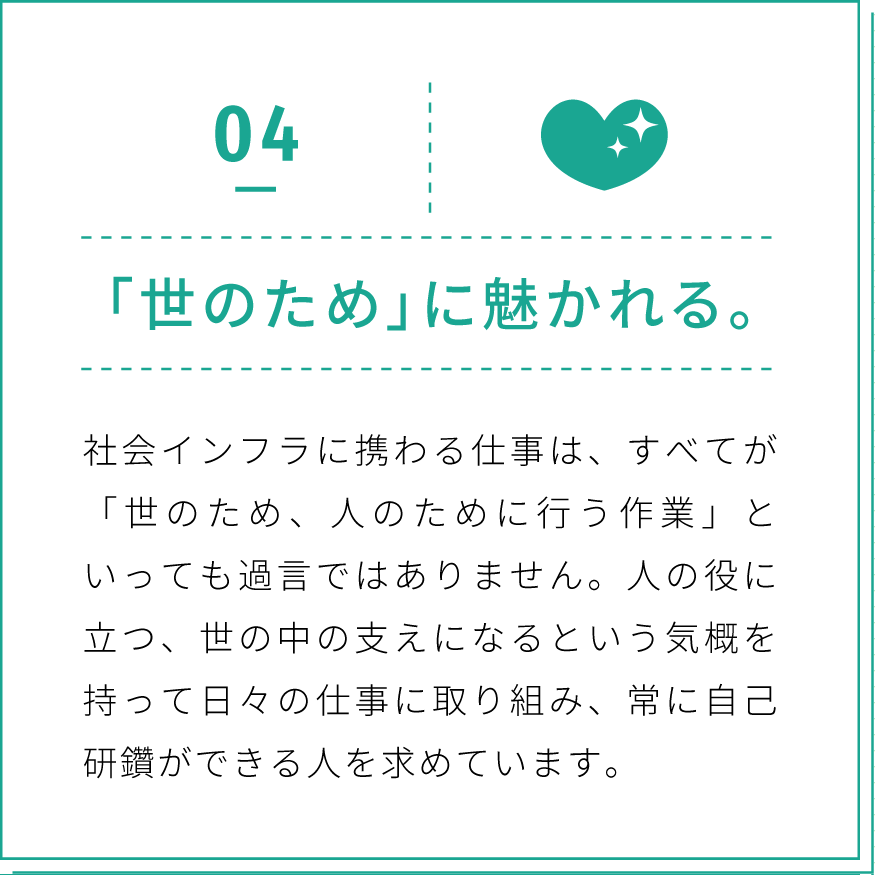 04 「世のため」に魅かれる。社会インフラに携わる仕事は、すべてが「世のため、人のために行う作業」といっても過言ではありません。人の役に立つ、世の中の支えになるという気概を持って日々の仕事に取り組み、常に自己研鑽ができる人を求めています。